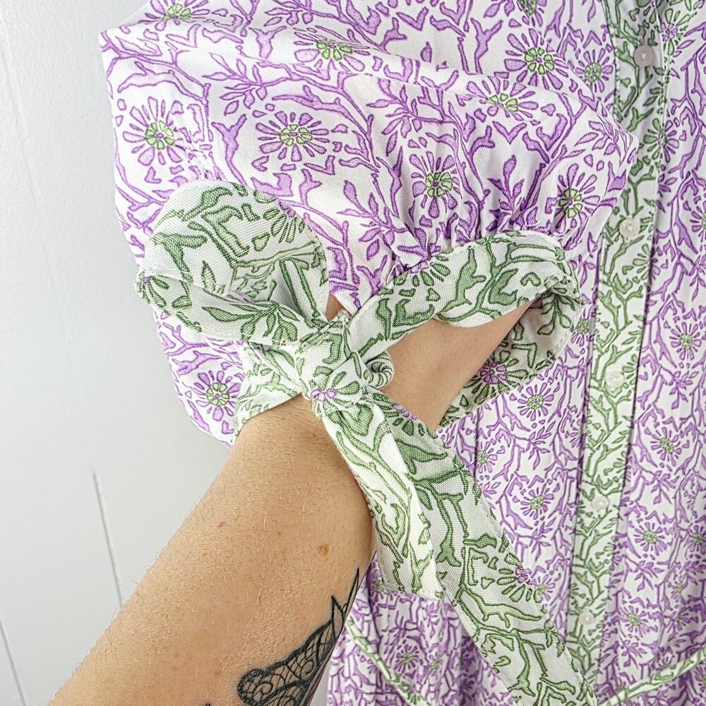 Cactus + Pearl Purple Green Floral Maxi Dress XXL Tie Sleeve Boho Cottagecore - Picture 12 of 15